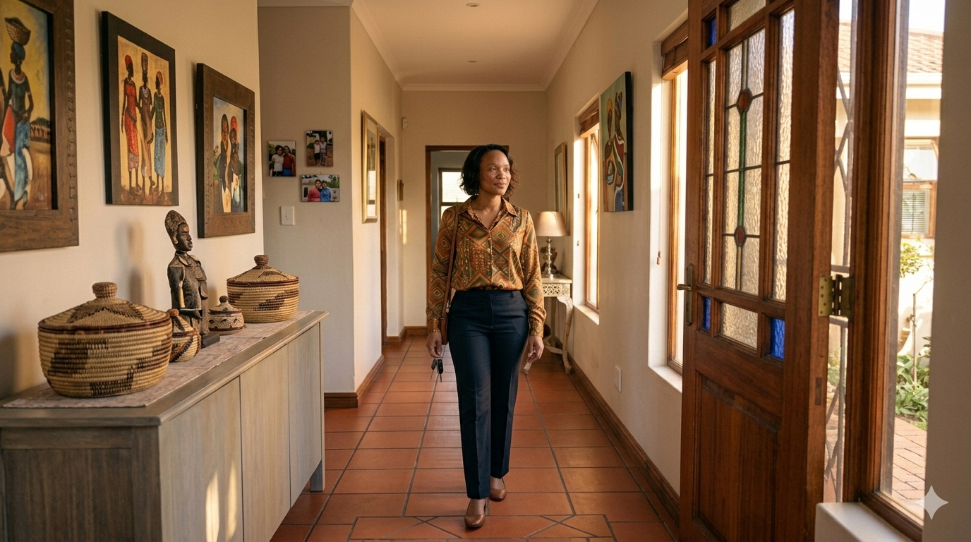 Woman leaving house confident