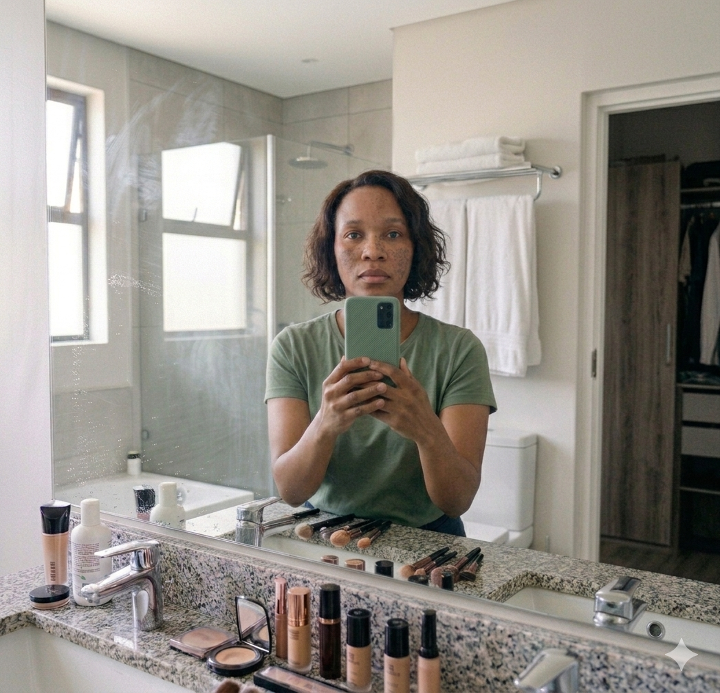 Woman examining skin in mirror